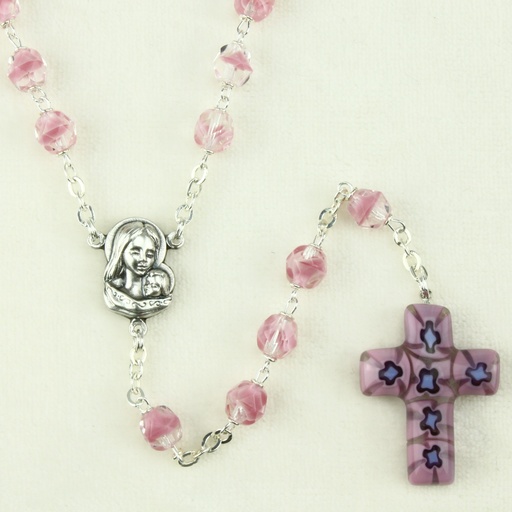[RZK-55M007RS] Rosary glass/chain - Cross Murano - rose
