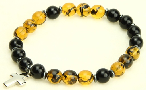 [ARM-35M004AB] Bracelet - élastique/croix - ambre