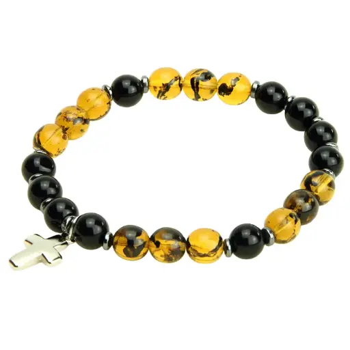 [ARM-35M004AB] Bracelet - élastique/croix - ambre