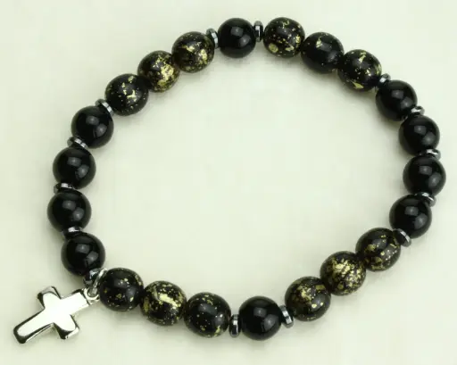 [ARM-35M004ZG] Bracelet - élastique/croix - noir/or