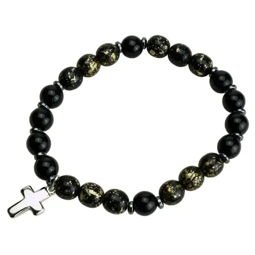 [ARM-35M004ZG] Bracelet - élastique/croix - noir/or