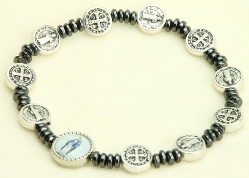 [ARM-35M005] Bracelet - élastique/méd. St Benoit + Vierge