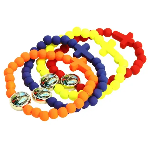 [ARM-35M007LOU] Bracelet - élastique/bois - coul. assorti - Vierge Lourdes