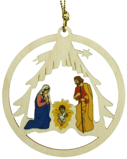 [KST-35M001] Pendentif sapin bois - Boule/Ste Famille couleur (Ø80mm)