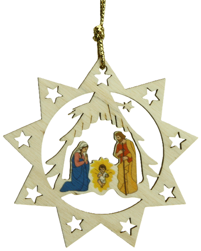 [KST-35M003] Pendentif sapin bois - Etoile/Ste Famille couleur (80mm)