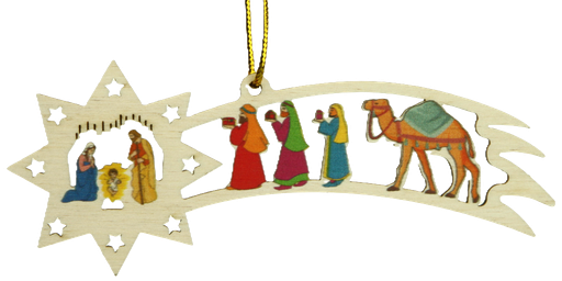 [KST-35M004] Pendentif sapin bois - Comète/Ste Famille couleur (130mm)