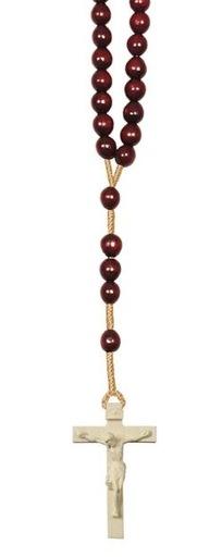 [RZK-57M01RD] Chapelet - perles en bois/rouge + croix en bois/corde - palissandre (8x6mm)