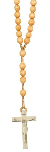 [RZK-57M01NAT] Chapelet - perles en bois/claire + croix en bois/corde - palissandre (8x6mm)