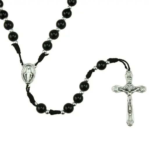 [RZK-35M004ZW] Chapelet - verre/sur corde - noir (⌀ 8mm)