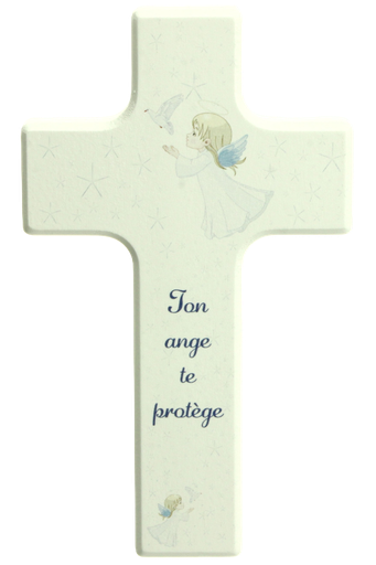 [MKR-41TFR480WT] Kinderkruis hout/wit - 'Ton ange te protège' (90x150mm)