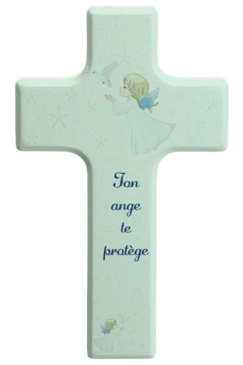 [MKR-41TFR480BL] Kinderkruis hout/blauw - 'Ton ange te protège' (90x150mm)