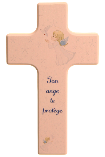 [MKR-41TFR480RS] Kinderkruis hout/roze - 'Ton ange te protège' (90x150mm)