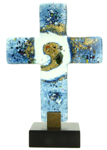 [MRL-890186] Glaskruis/blauw op houtsokkel (10x12cm)