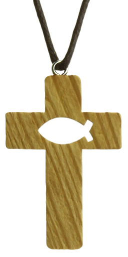 [KOK-72M001] Croix sur cordon/Ichtus découpée - bois d'olivier (34x50mm)