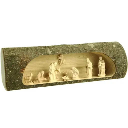 [STL-07M02] Boomstronk met 10 Kerstfiguren - H 3cm/hout/natuur (8x7x20cm)
