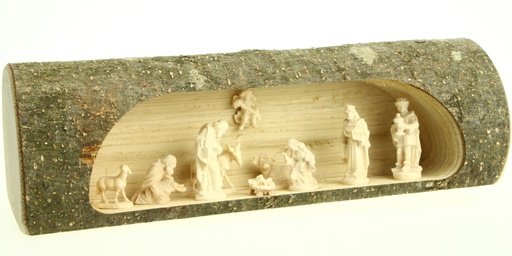[STL-07M02] Personnage de crèche (3cm) dans tronc - bois sculpté/naturel (8x7x20cm)