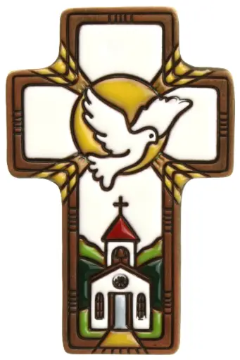 [MKR-03TZB01A] Kreuz Keramik 'Taube/Aren/Kirche' - weiss (7x11cm)