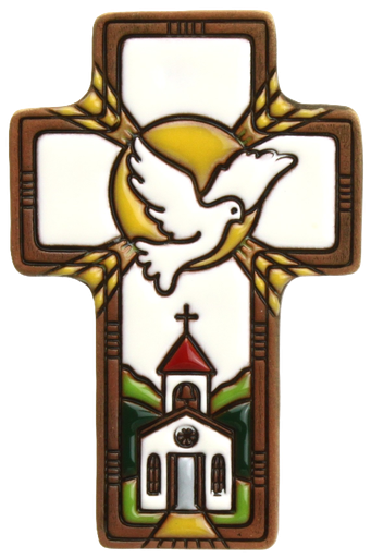 [MKR-03TZB01A] Kruisbeeld 'Duif/kerk/aren' - keramiek/wit (7x11cm)