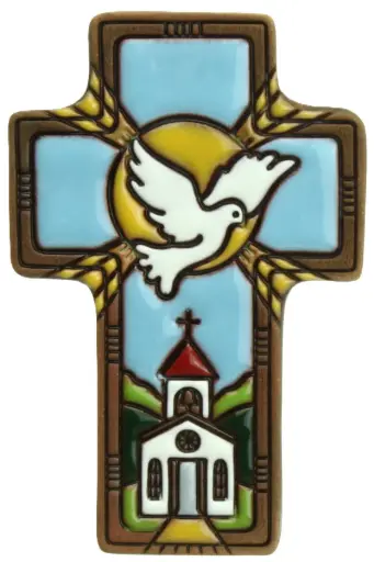 [MKR-03TZB01B] Croix ceramique 'Colombe/Epi/Eglise' - bleue (7x11cm)
