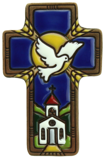 [MKR-03TZB01B] Kruisbeeld 'Duif/kerk/aren' - keramiek/blauw (7x11cm)