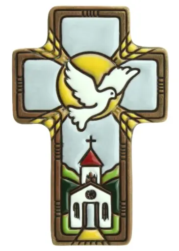 [MKR-03TZB01D] Croix ceramique 'Colombe/Epi/Eglise' - gris (7x11cm)