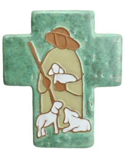 [MKR-02BON1F] Croix céramique - Bon berger - vert jade (90x110mm)