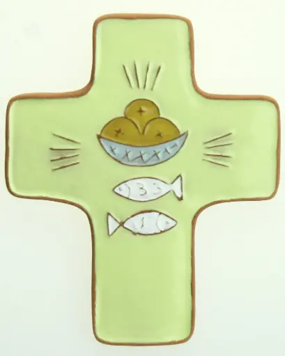 [MKR-58VG109D] Croix  céramique - Pain & poissons - vert (95x120mm)