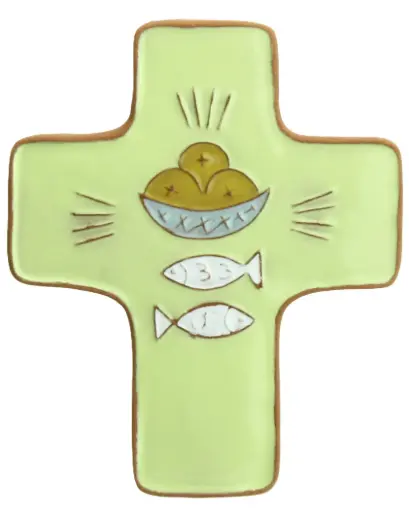 [MKR-58VG109D] Keramik Kreuz - Brot & Fisch - Hellgrün (95x120mm)