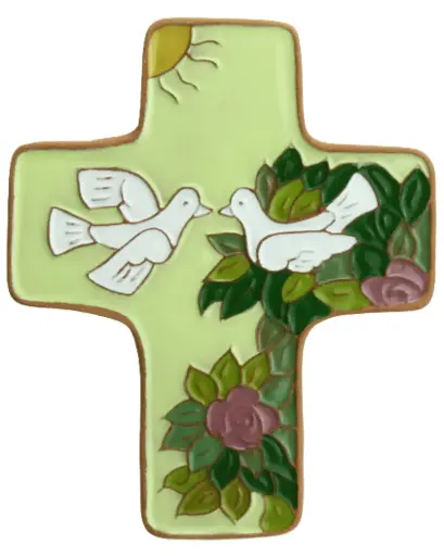 [MKR-58VG54D] Keramik Kreuz - 2 Tauben - Hellgrün (95x120mm)