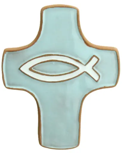 [MKR-58VG150D] Keramik Kreuz - Ichtus - Hellblau/Weiss (75x90mm)