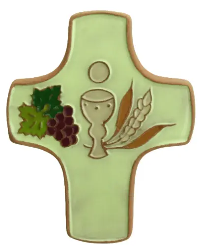 [MKR-58VG151D] Keramik Kreuz - Kelch & 3 Symbole -Hellgrün (75x90mm)