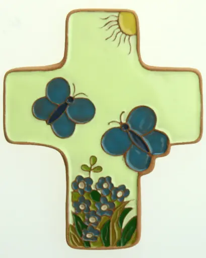 [MKR-58VG55D] Ceramic cross - Butterflys - green-yellow (95x120mm)
