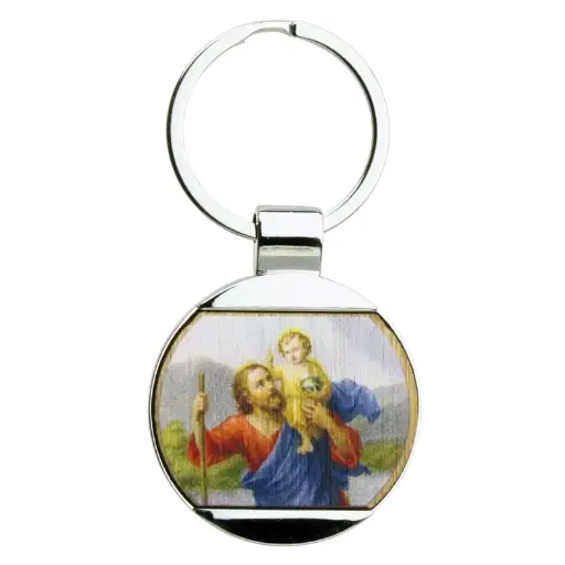 [SLH-35M002KRI] Schlüsselanhänger Hl.Christophurus - Metall/Rund/Bambu (Ø40/75mm)