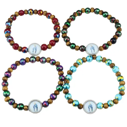 [ARM-35M008] Bracelet enfant - élastique/bois + verre/assorti - Vierge