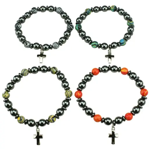 [ARM-35M009] Bracelet - elastic/ematite + colored pearl assorti