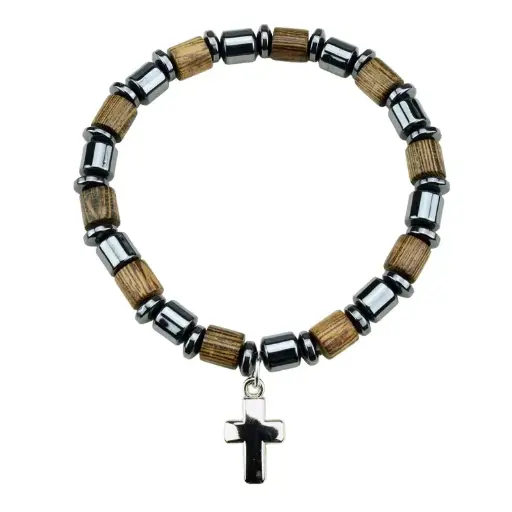 [ARM-35M012] Armband - Elastisch/Holz + Hematite Perle