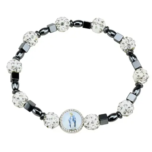 [ARM-35M016] Armband/elastisch - parel bewerkt + hematite blokje - Wonderbare