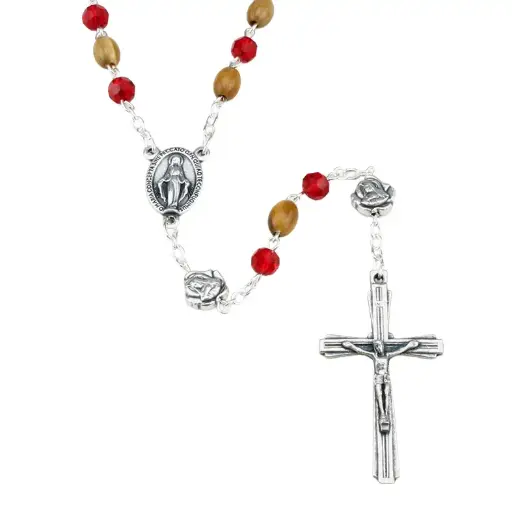 [RZK-35M012RD] Rosary - pearl glass red/olive wood - OF=rose (⌀6mm)