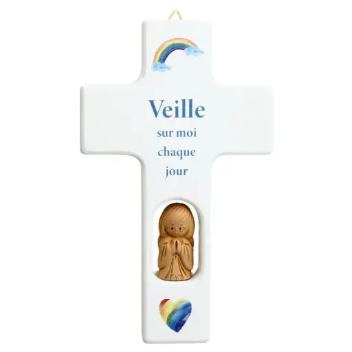 [MKR-41TFR410WT] Holzkreuz/Engel - 'Veille sur moi ...' - weiss (90x150mm)