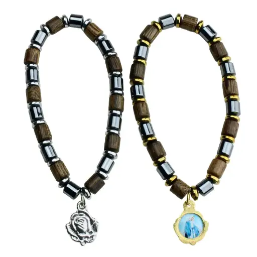 [ARM-05M04] Bracelet/élastique - ématite/bois (Ø6mm)