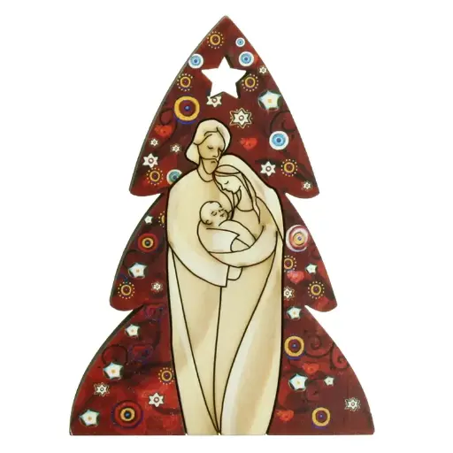 [KGR-07M09] Massief houten blokje met H. Familie/rood (80x115x15mm)