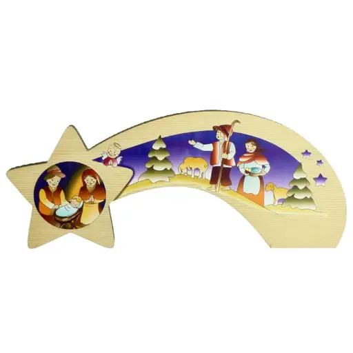 [KGR-07M11] Massief houten Komeet met Kerstgroep (100x210x15mm)
