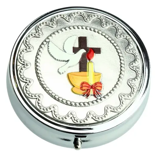 [HSD-11CON01] Hostiedoosje 'Duif-Kruis-kaars'/gekleurd - D 40mm